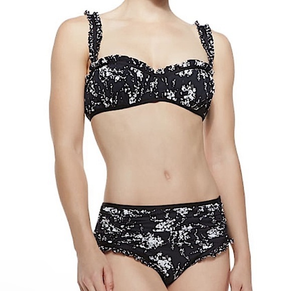 Michael Kors Collection Ruffle Floral Two-Piece Bikini Swimsuit Black White 12 - Picture 1 of 13